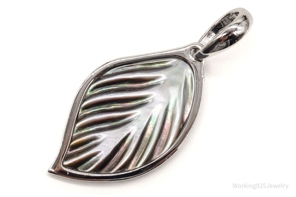 Large Vintage Carved Abalone Shell Sterling Silver Leaf Pendant | Jewelry > Necklaces > Pendants | Wiccan Center