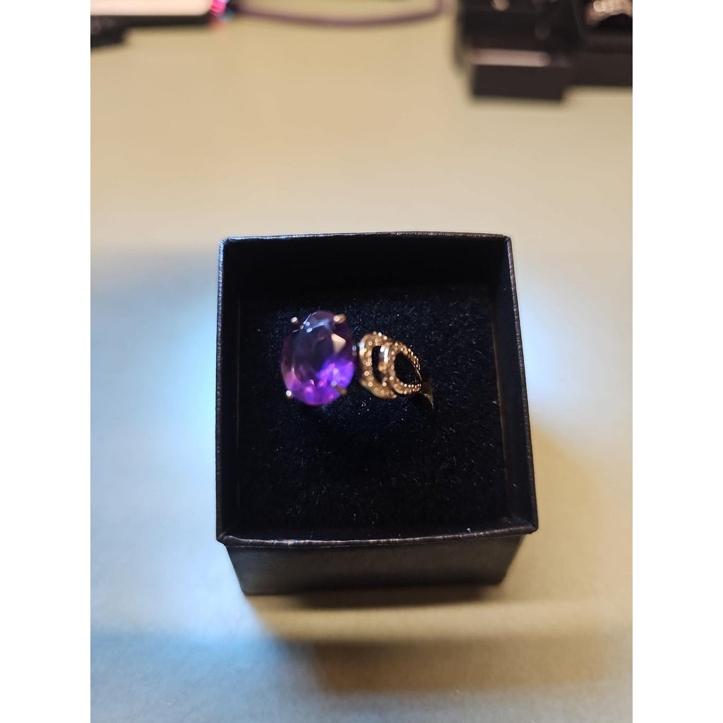 Womens 14K White Gold Platinum Finish Size 6 Ring Amethyst & Diamonds