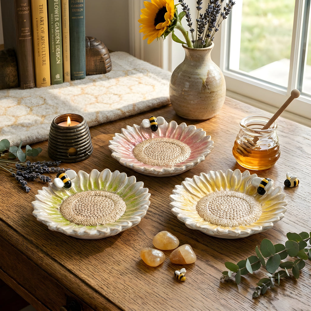 Assorted Flower and Bee Pillar Candle or Wine Base Plate Round 5″ Set of 3 | Candles & Holders | Wiccan Center
