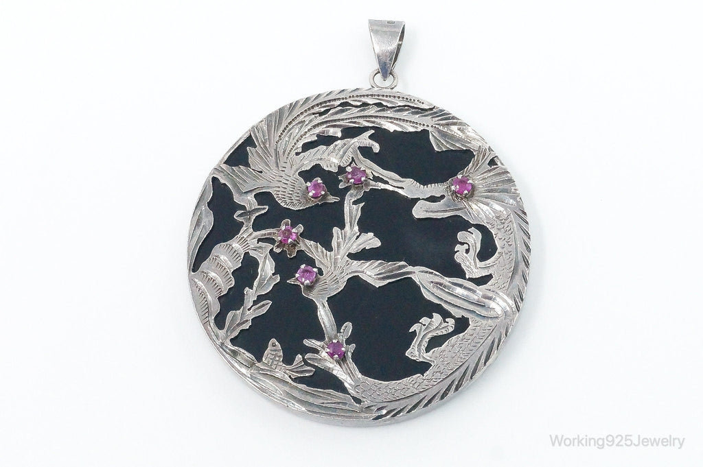 Vintage Large Ruby Black Onyx Etched Birds In Nature Sterling Silver Pendant | Jewelry > Necklaces > Pendants | Wiccan Center