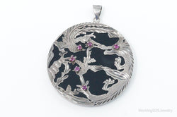 Vintage Large Ruby Black Onyx Etched Birds In Nature Sterling Silver Pendant | Jewelry > Necklaces > Pendants | Wiccan Center