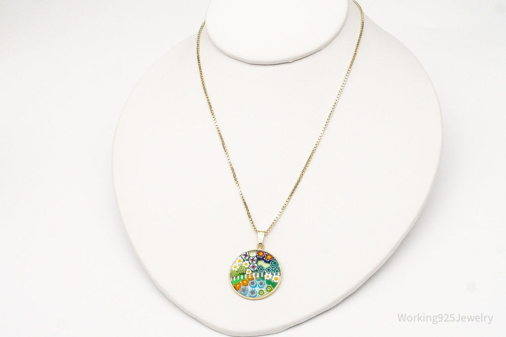 Vintage Glass Murano Millefiori Flowers Gold Vermeil Sterling Silver Necklace | Jewelry > Necklaces > Pendants | Wiccan Center