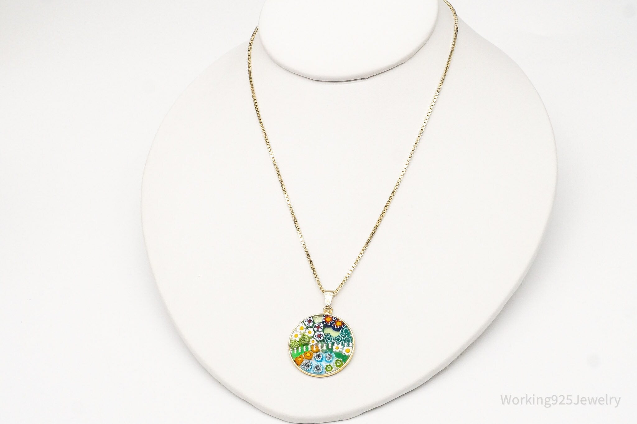 Vintage Glass Murano Millefiori Flowers Gold Vermeil Sterling Silver Necklace | Jewelry > Necklaces > Pendants | Wiccan Center