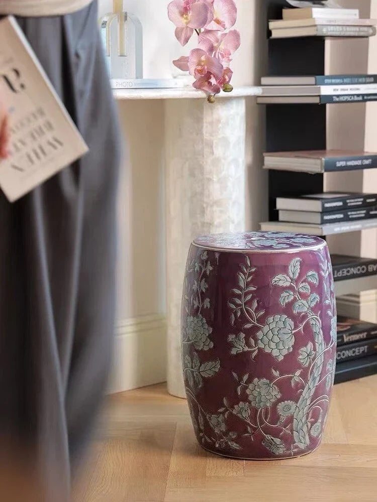 Hand-Painted Lavender Floral Ceramic Drum Stool | Botanical Accent Side Table | Drum stool | Wiccan Center