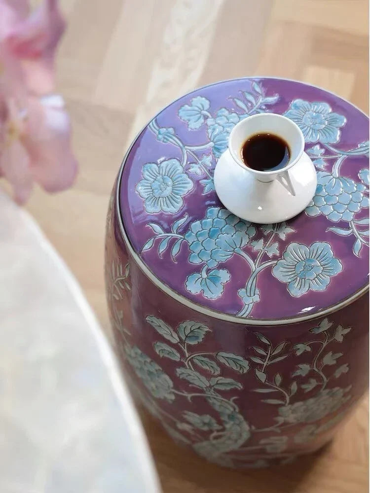 Hand-Painted Lavender Floral Ceramic Drum Stool | Botanical Accent Side Table | Drum stool | Wiccan Center