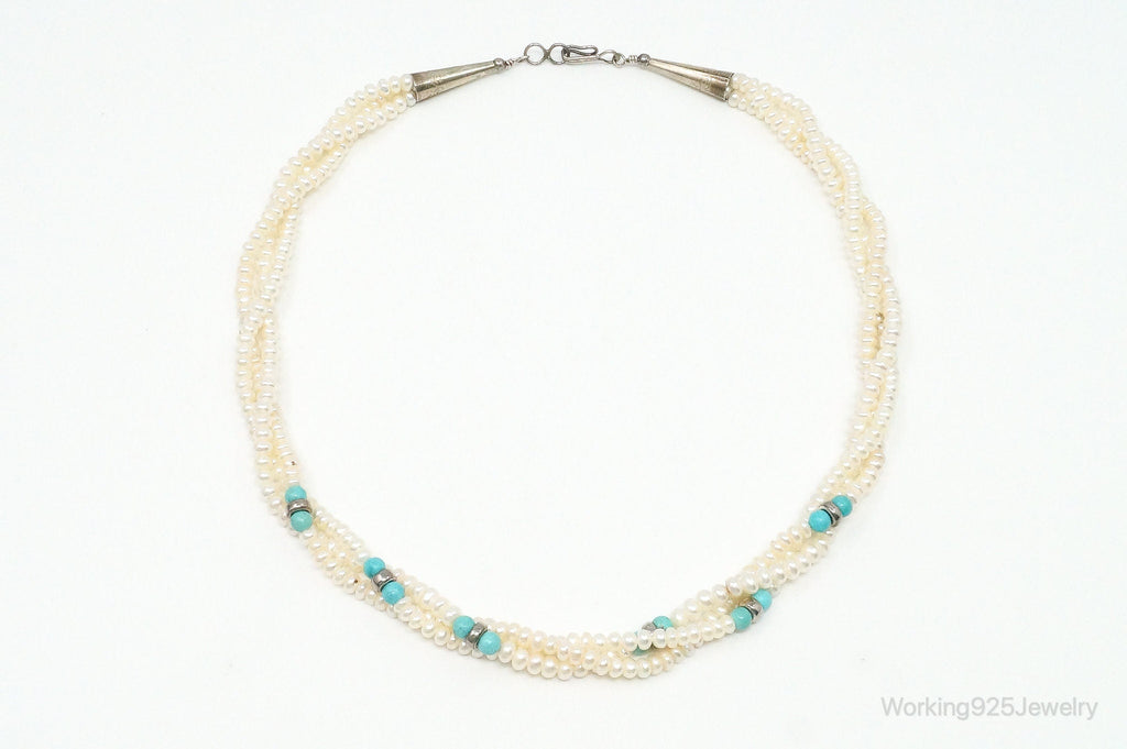 Vintage Native American Turquoise & Pearl Sterling Silver Bead Necklace | Jewelry > Necklaces > Pendants | Wiccan Center