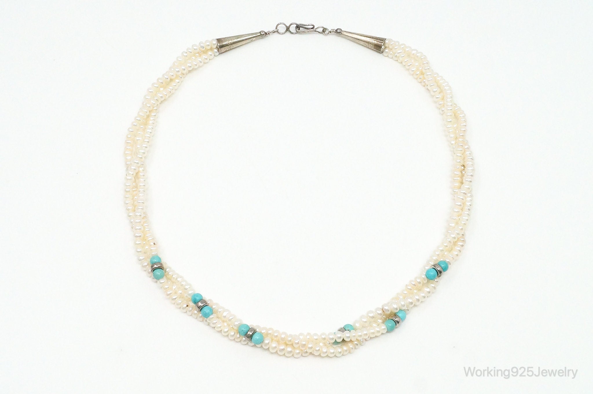 Vintage Native American Turquoise & Pearl Sterling Silver Bead Necklace | Jewelry > Necklaces > Pendants | Wiccan Center