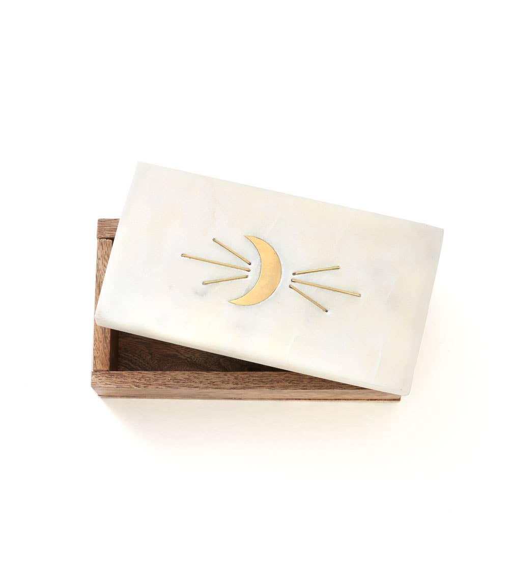 Indukala Treasure Box - Marble, Mango Wood, Crescent Moon