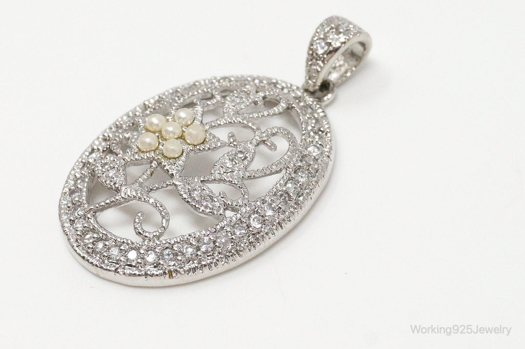 Large Vintage Faux Pearl Cubic Zirconia Sterling Silver Pendant | Jewelry > Necklaces > Pendants | Wiccan Center