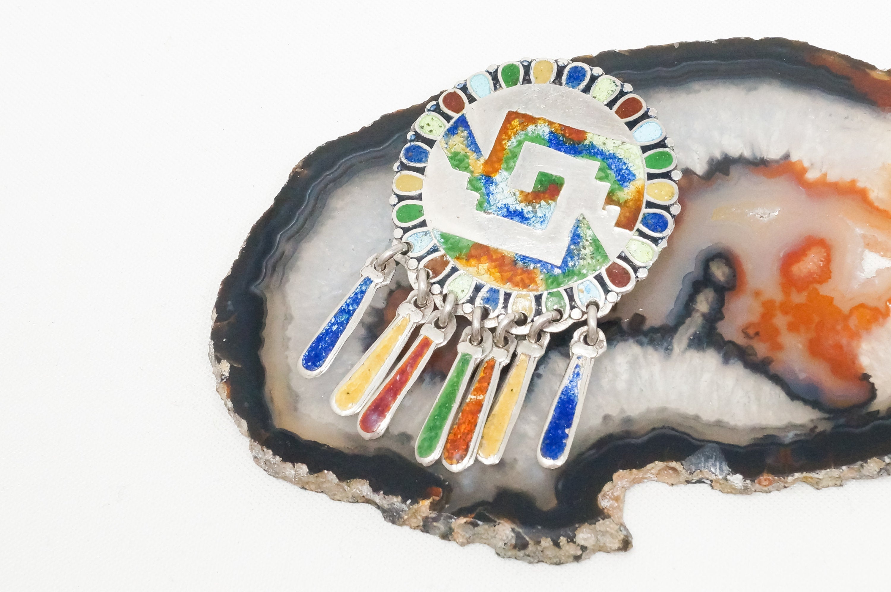 Vintage Taxco Mexico Muti Color Enamel Sterling Silver Brooch Pin Pendant | Jewelry > Necklaces > Pendants | Wiccan Center