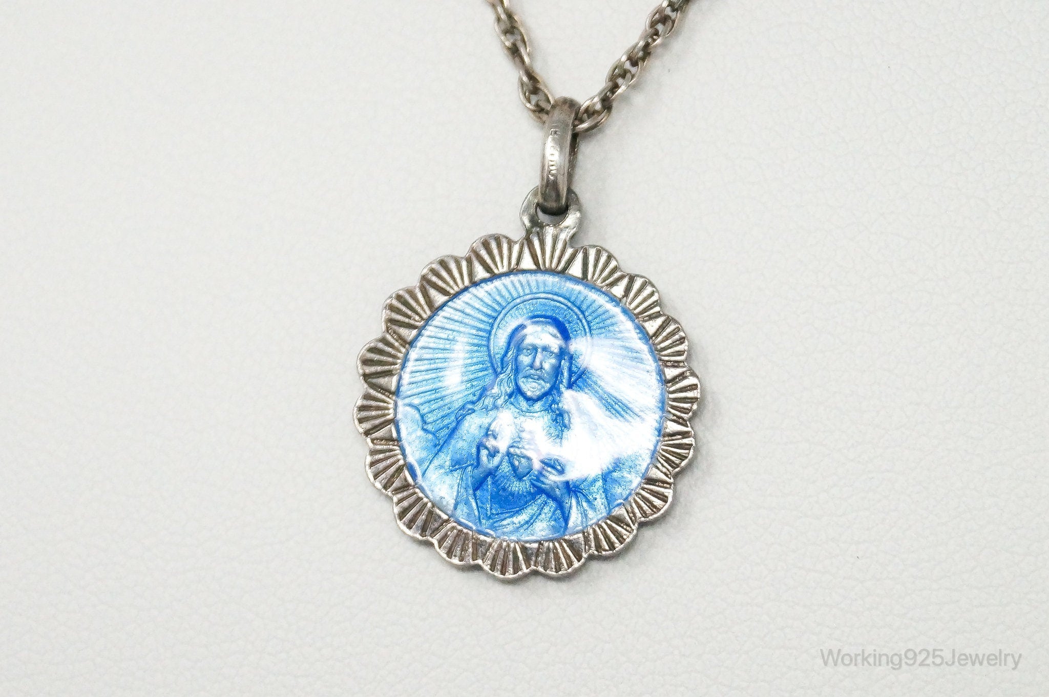Vintage French Mother Mary Jesus Blue Enamel Sterling Silver Necklace | Jewelry > Necklaces > Pendants | Wiccan Center