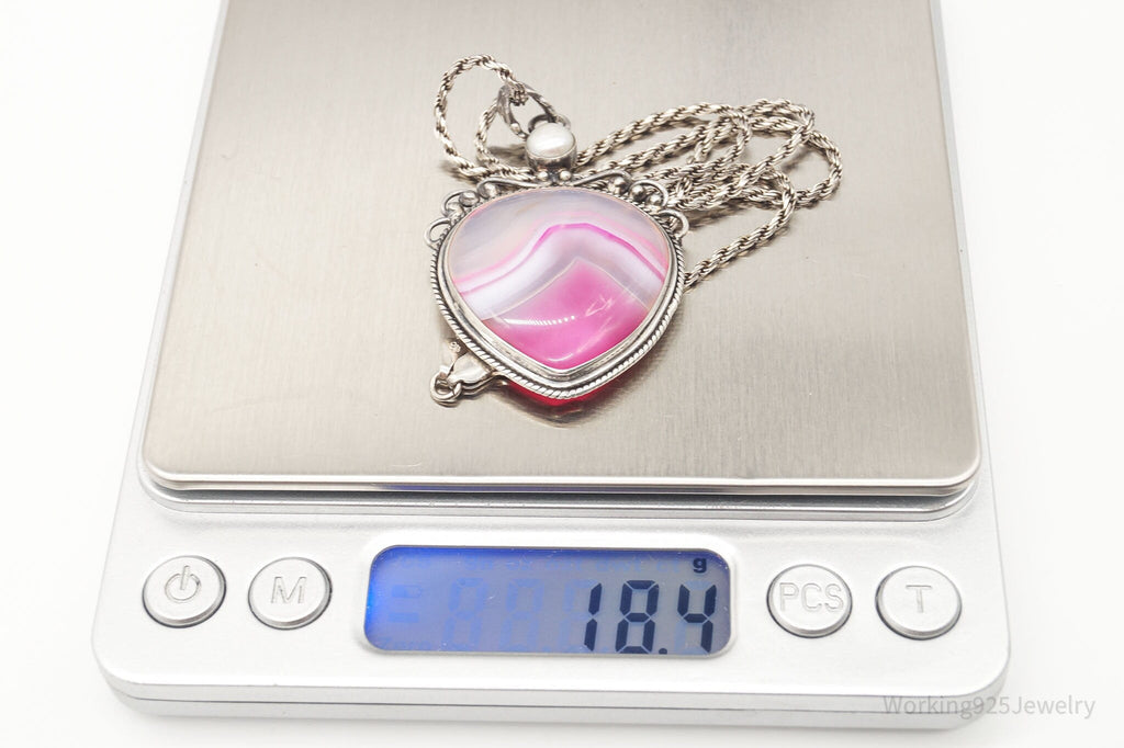 Vintage Large Pink Lace Agate & Pearl Sterling Silver Necklace | Jewelry > Necklaces > Pendants | Wiccan Center