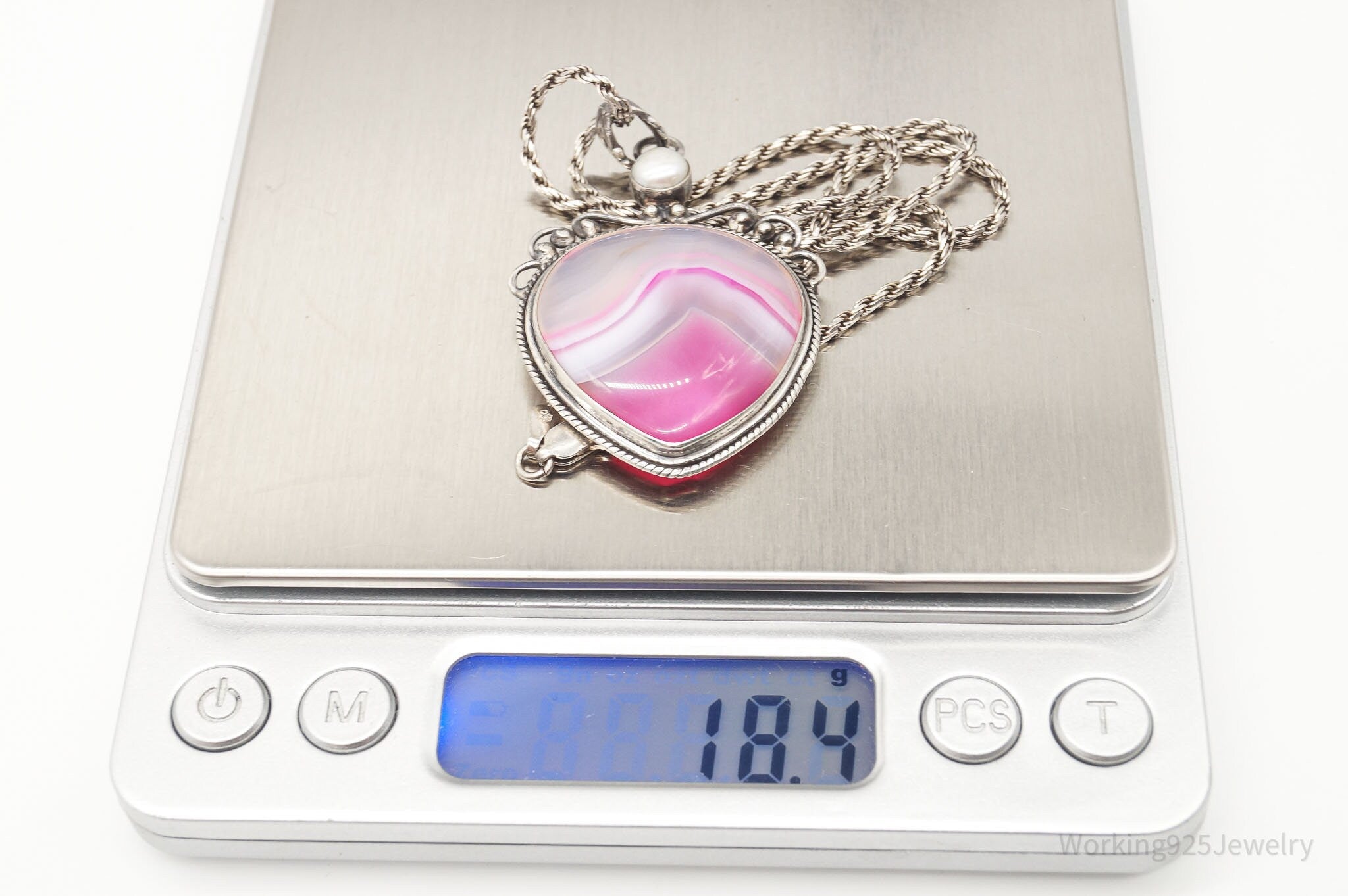 Vintage Large Pink Lace Agate & Pearl Sterling Silver Necklace | Jewelry > Necklaces > Pendants | Wiccan Center