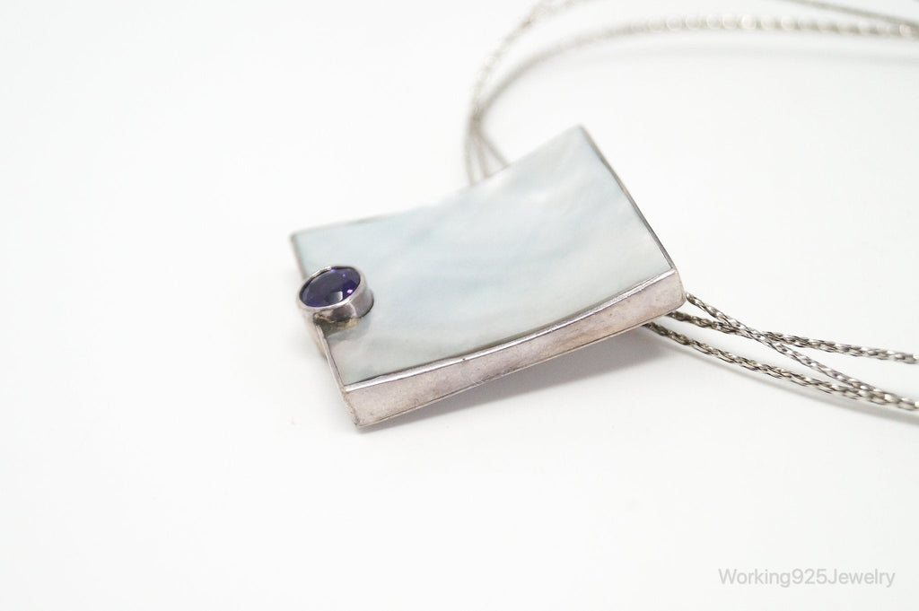 Vintage Large Mother Of Pearl Amethyst Modernist Sterling Silver Necklace | Jewelry > Necklaces > Pendants | Wiccan Center