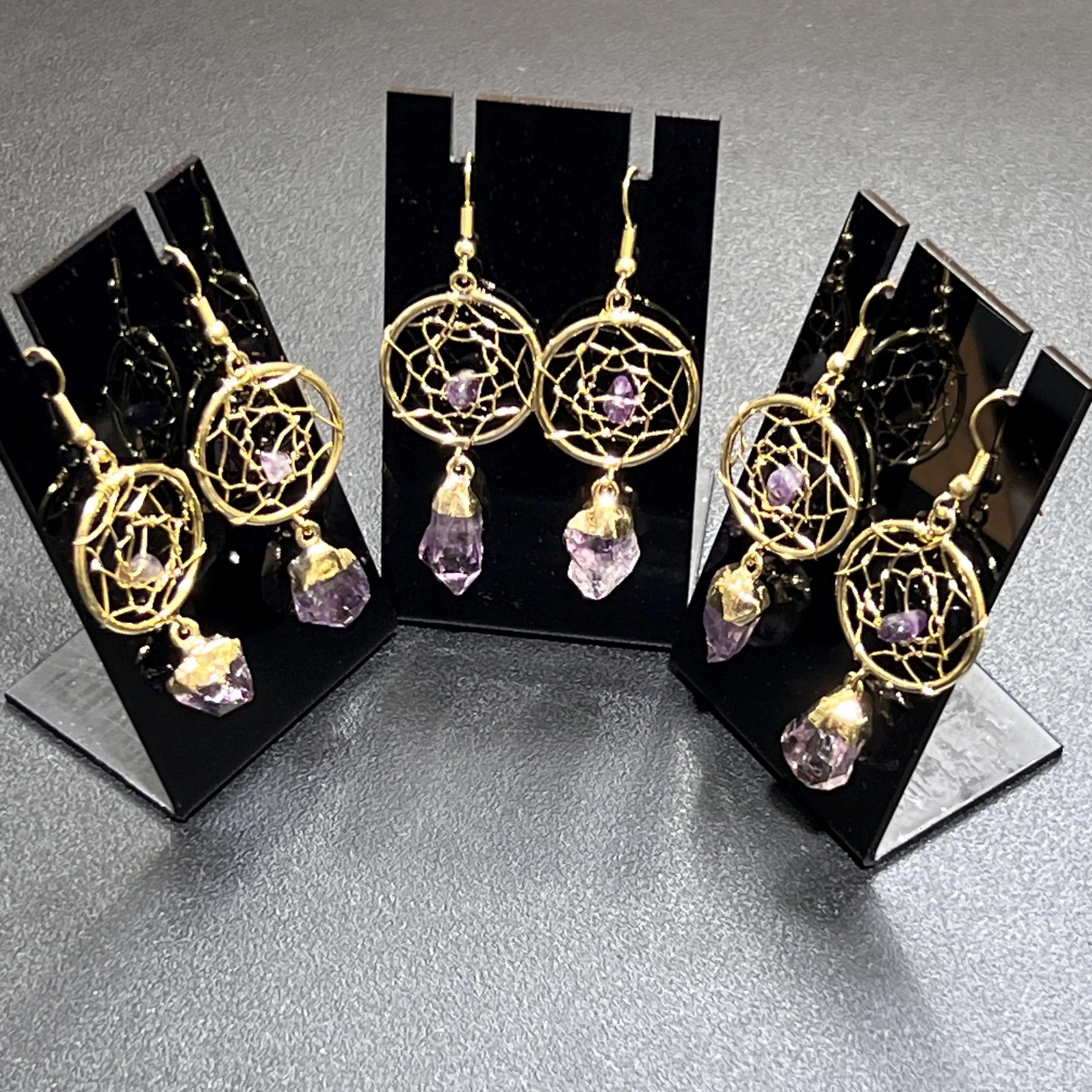 DreamCatcher Earrings Pair (Amethyst Crystal)(Gold Plated)(Stainless Steel Hooks) Gemstone Jewelry Supply | Jewelry > Earrings > Dangle & Drop Earrings | Wiccan Center