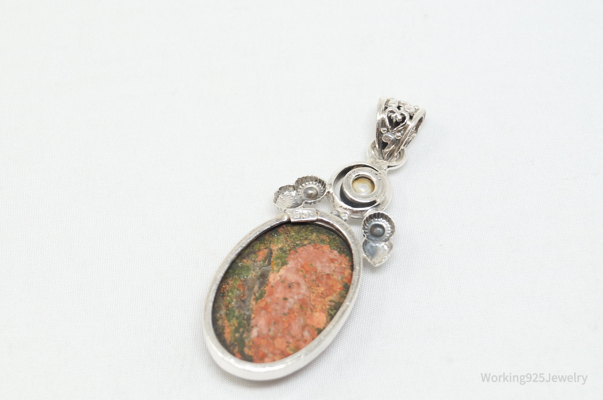 Vintage Large Green Orange Unakite Jasper Pearl Sterling Silver Necklace Pendant | Jewelry > Necklaces > Pendants | Wiccan Center
