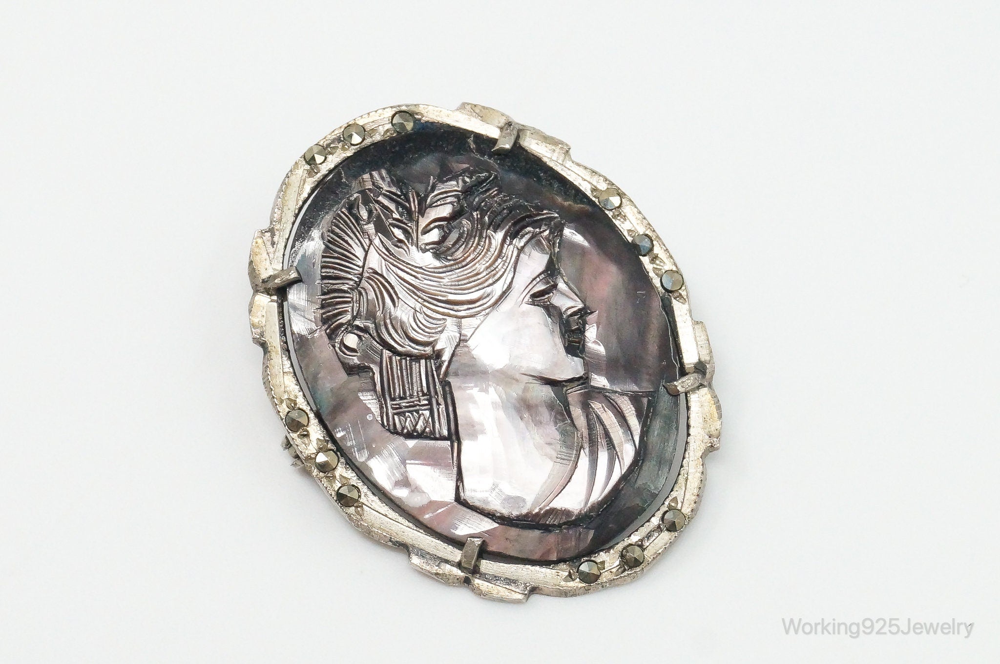 Antique Carved Abalone Shell Marcasite Woman Cameo 800 Silver Pendant Pin | Jewelry > Necklaces > Pendants | Wiccan Center