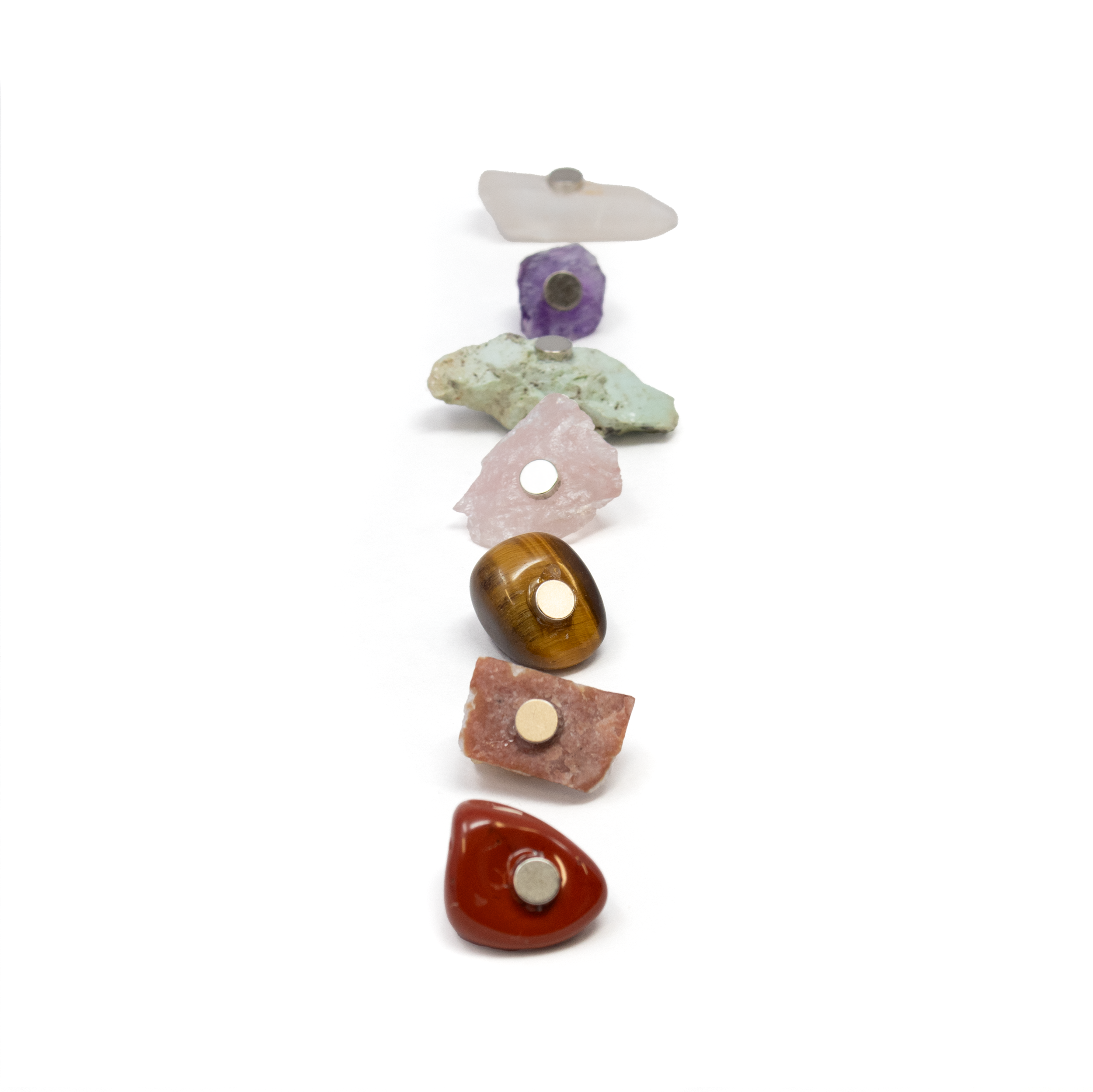 7 Chakra Magnet Set - Set 9 with Quartz Crystal, Amethyst Crystal, Raw Chrysocolla from AZ, Raw Rose Quartz from Brazil, Tumbled Tigers Eye, Citrine Crystal Cluster & Tumbled Red Jasper | | Wiccan Center