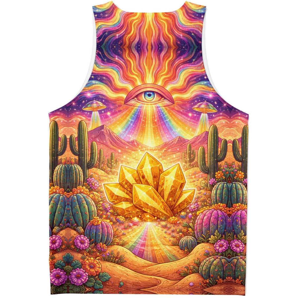 Psychedelic Desert Eye Tank Top – Festival Rave Shirt with Gold Crystal & Cosmic Print | Unisex Tank Top - AOP | Wiccan Center