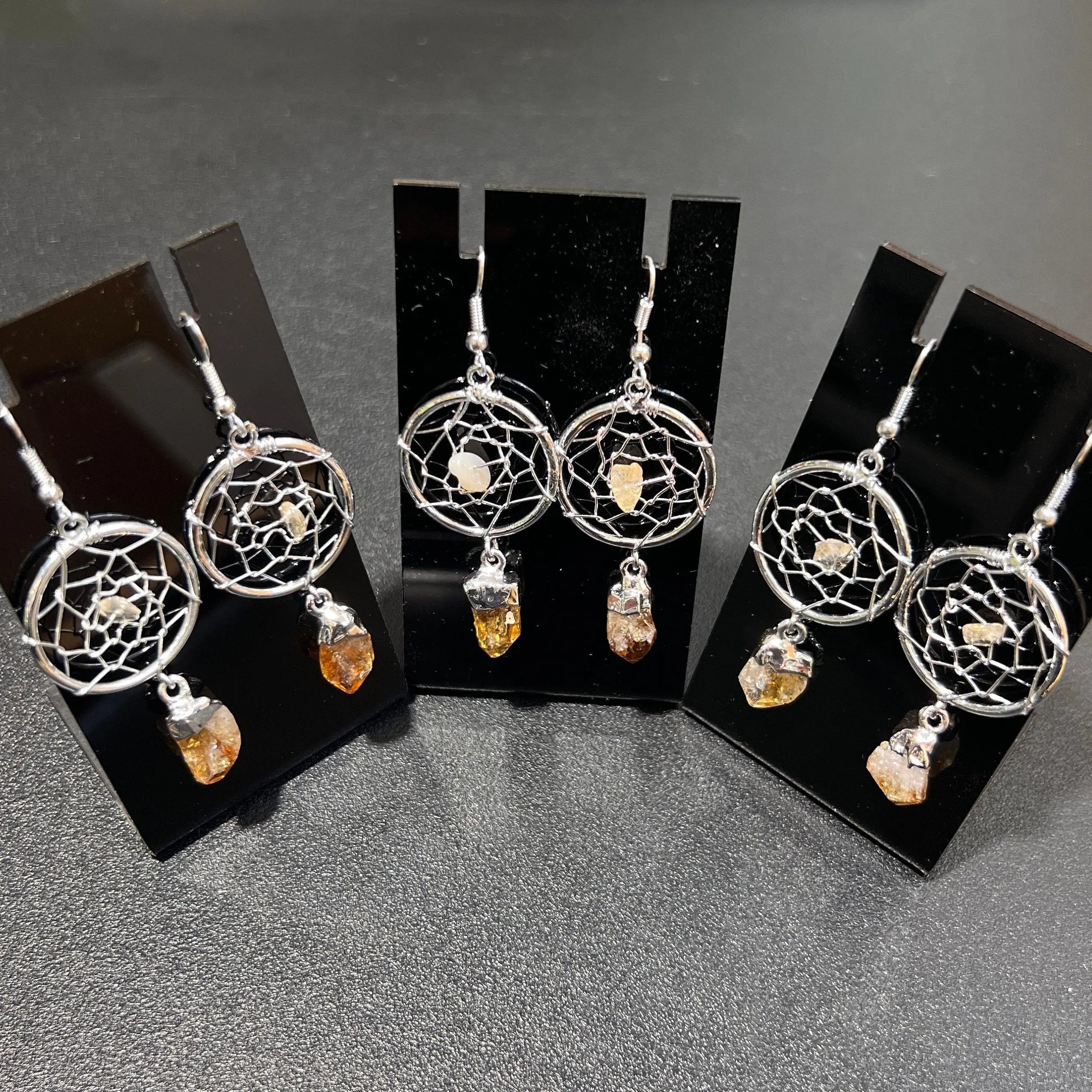 DreamCatcher Earrings Pair (Citrine Crystal)(Silver Plated)(Stainless Steel Hooks) Gemstone Jewelry Supply | Jewelry > Earrings > Dangle & Drop Earrings | Wiccan Center