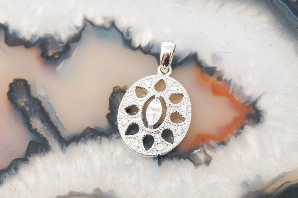 Vintage Art Deco Cubic Zirconia Cut Out Sterling Silver Necklace Pendant | Jewelry > Necklaces > Pendants | Wiccan Center