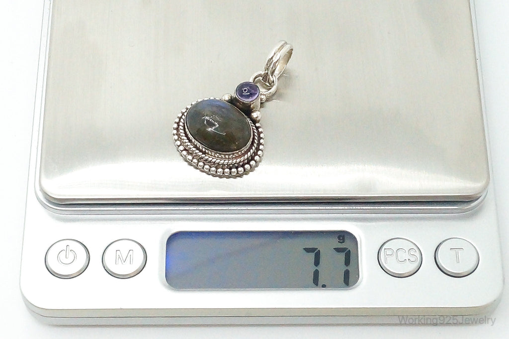 Vintage Large Labradorite Amethyst Sterling Silver Necklace Pendant | Jewelry > Necklaces > Pendants | Wiccan Center