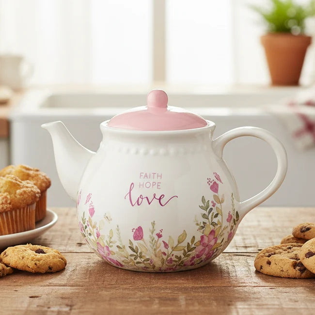 Pink Faith, Hope, Love Ceramic Teapot | Gifts | Wiccan Center