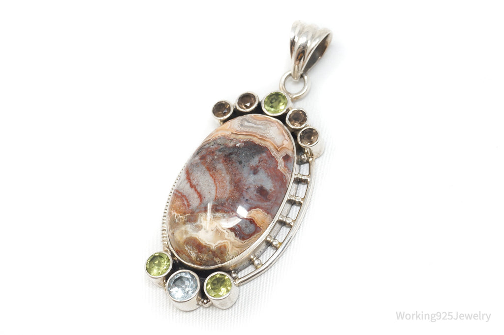 Vintage Large Brown Crazy Lace Agate Peridot Sterling Silver Necklace Pendant | Jewelry > Necklaces > Pendants | Wiccan Center