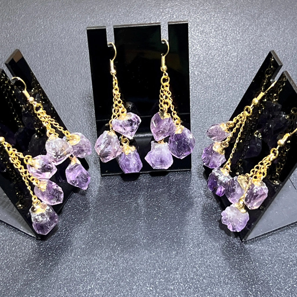 Long Dangle Amethyst Triple Crystal Point Earrings Pair (Gold Plated) | Jewelry > Earrings > Dangle & Drop Earrings | Wiccan Center
