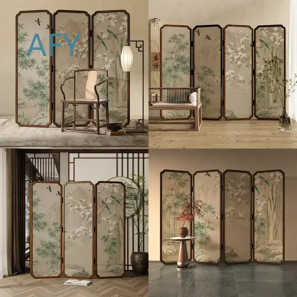 Zen Wood Folding Screen Partition | Floral & Bird Room Divider | Accents > Room Divider Screens | Wiccan Center