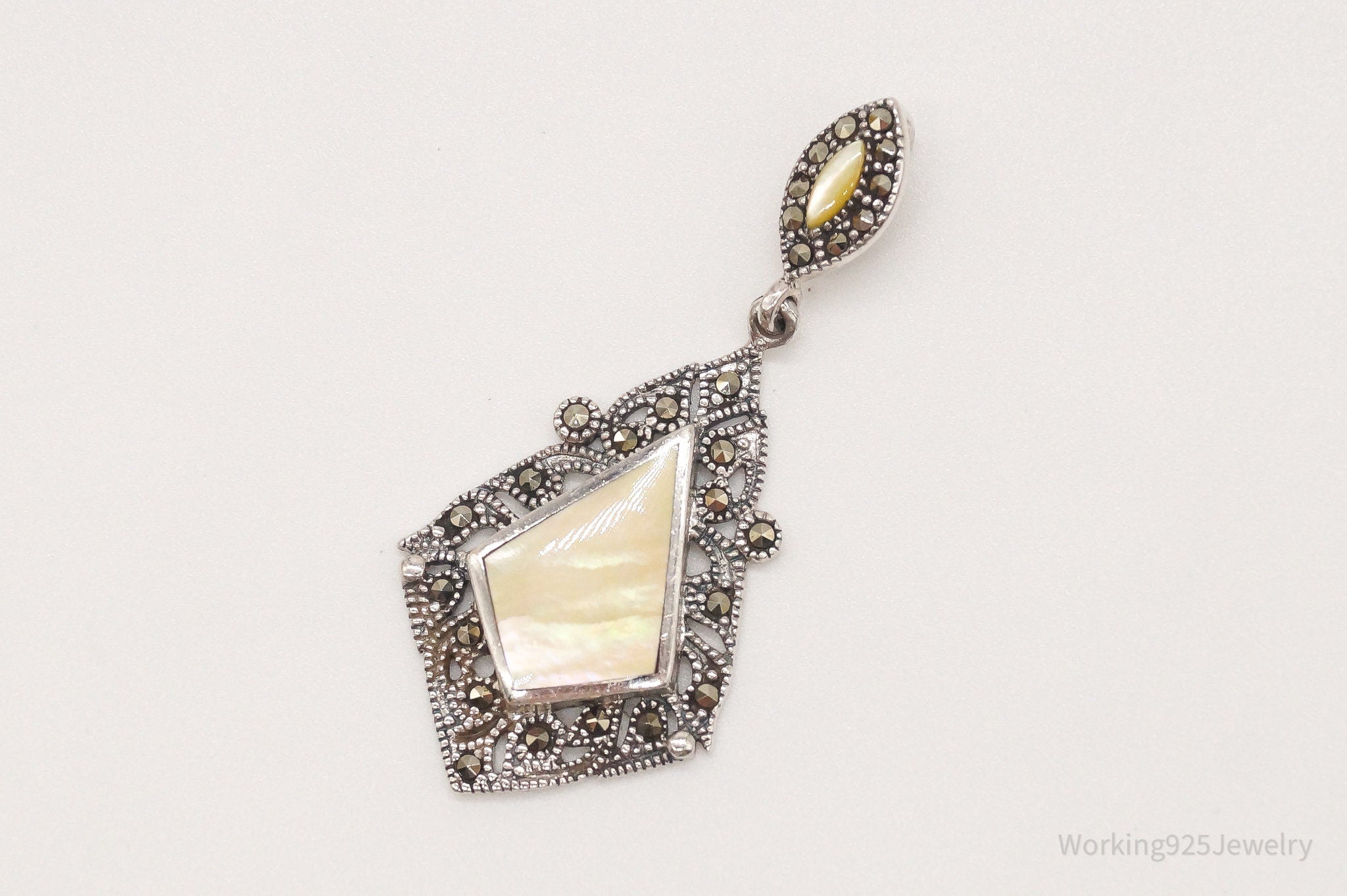 Vintage Art Deco Mother Of Pearl Marcasite Sterling Silver Pendant | Jewelry > Necklaces > Pendants | Wiccan Center