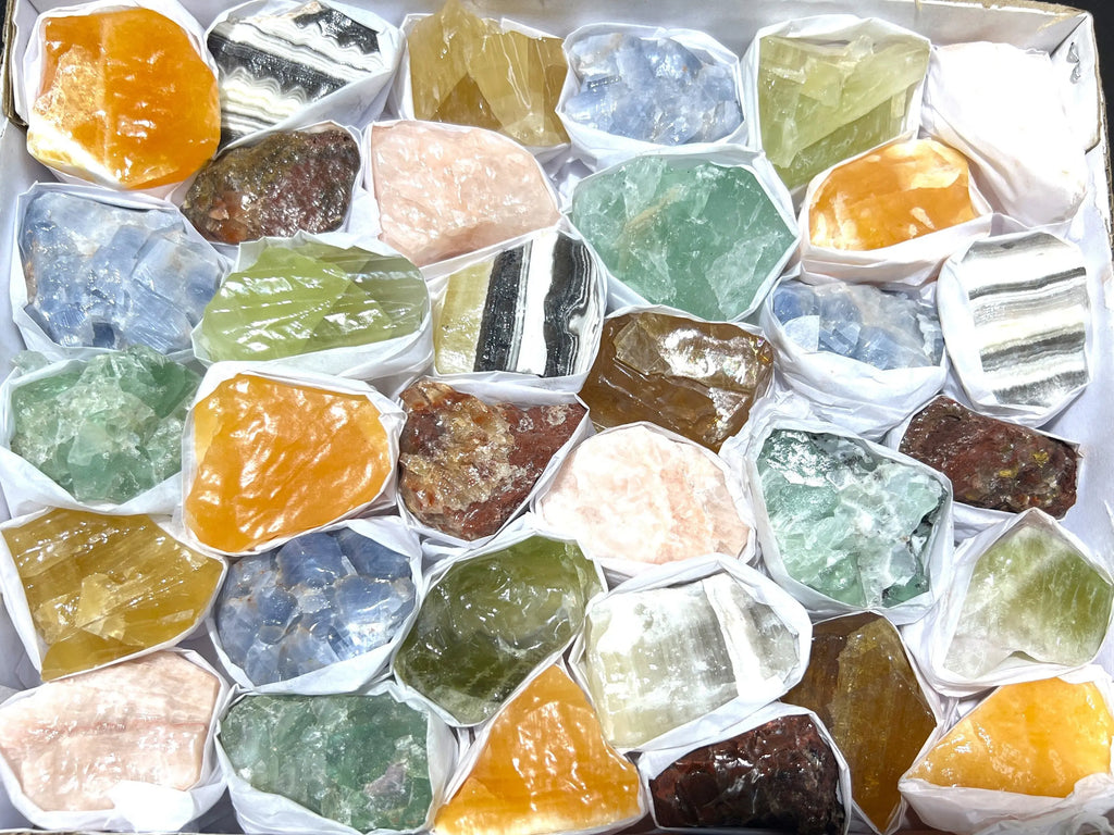 Assorted Calcite & Fluorite Mixed Rough Raw Crystals Wholesale Collection Orange Blue Zebra Green Box Flat | Home & Living > Home Decor > Home Accents > Rocks & Geodes | Wiccan Center