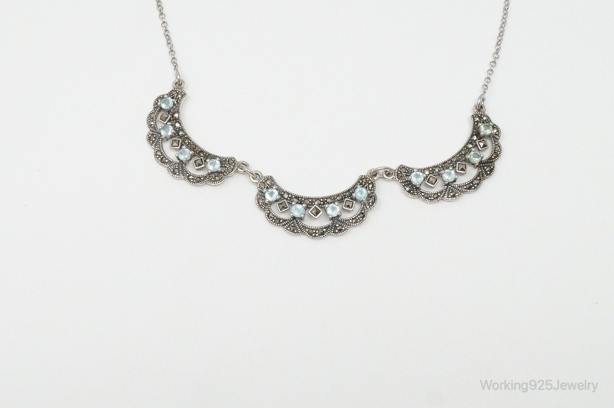 Vintage Art Deco Blue Topaz Marcasite Sterling Silver Necklace | Jewelry > Necklaces > Pendants | Wiccan Center