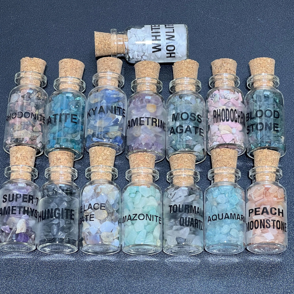 Gemstone Bottle Collection - 15-Piece Natural Rough Crystal Chips Gift Set Box Flat | Home & Living > Home Decor > Home Accents > Rocks & Geodes | Wiccan Center