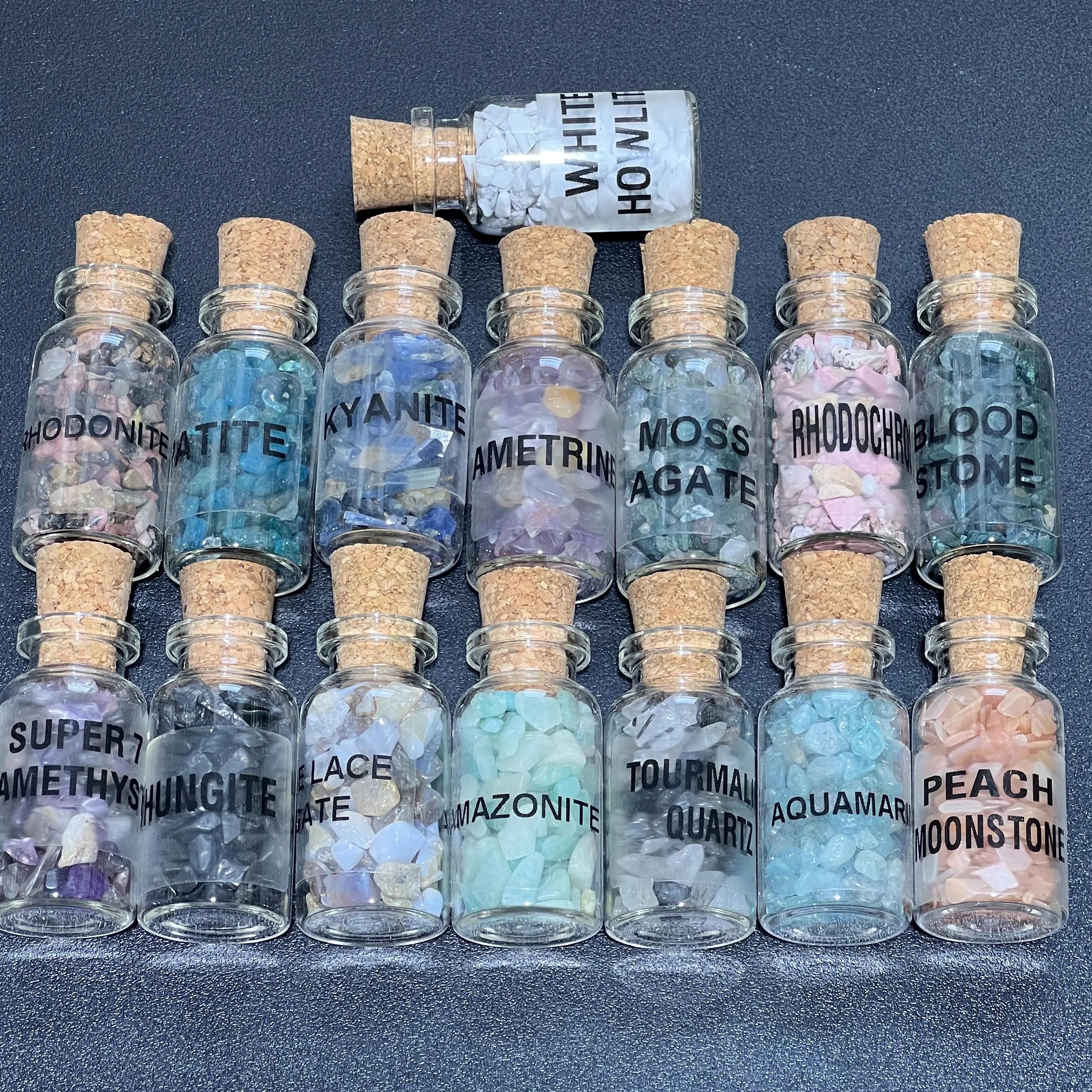 Gemstone Bottle Collection - 15-Piece Natural Rough Crystal Chips Gift Set Box Flat | Home & Living > Home Decor > Home Accents > Rocks & Geodes | Wiccan Center