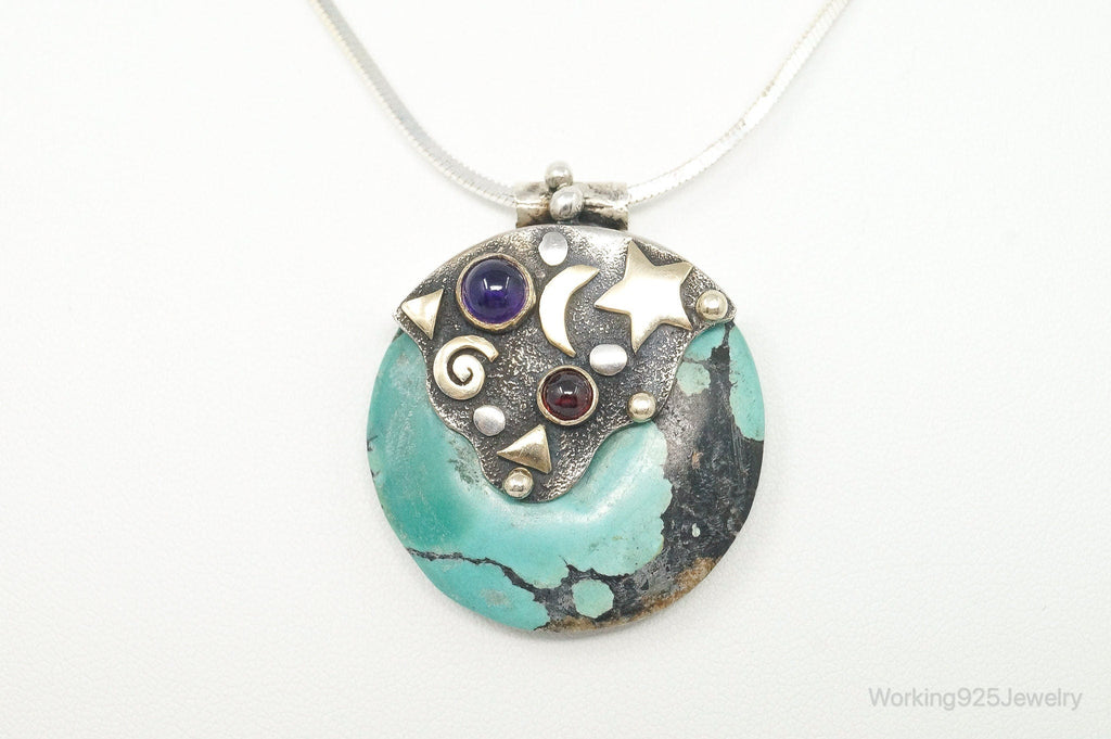 Vintage Brass Amethyst Rhodolite Garnet Turquoise Sterling Silver Necklace | Jewelry > Necklaces > Pendants | Wiccan Center