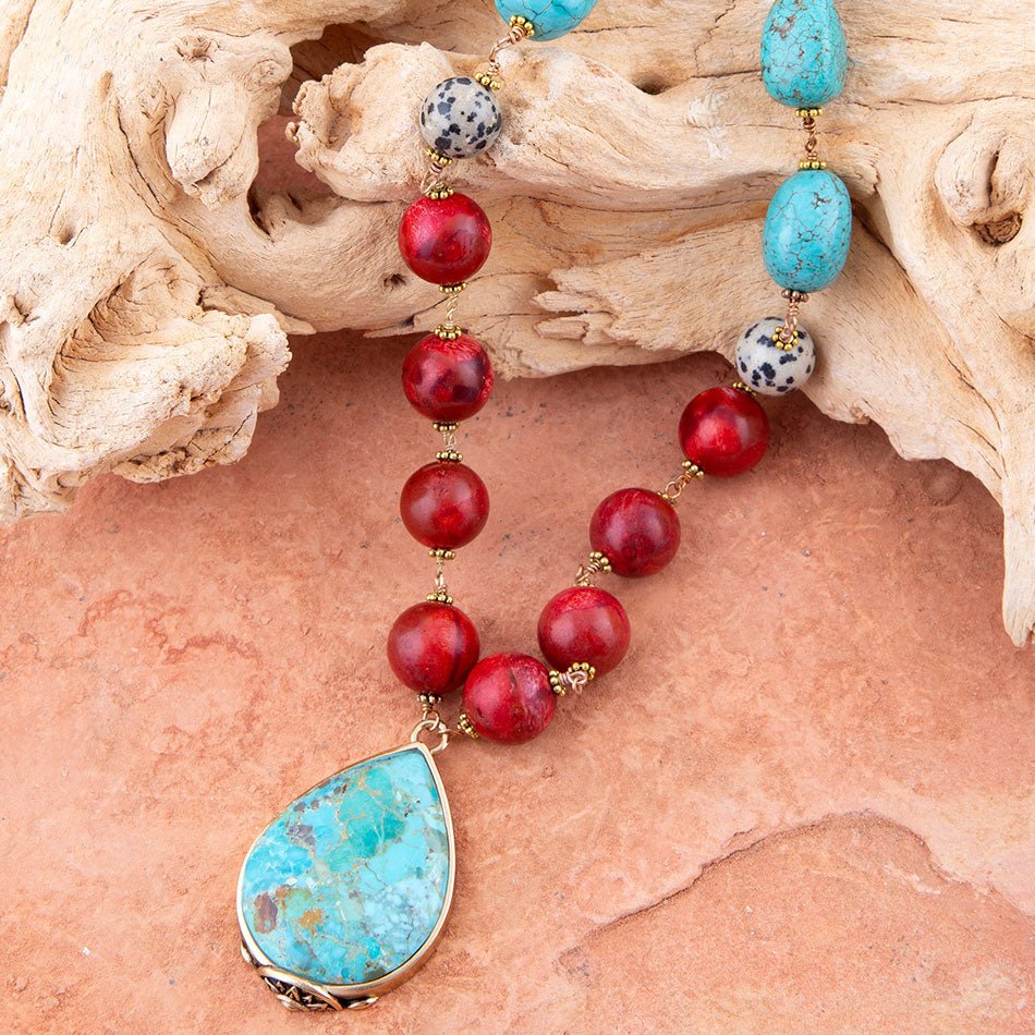 Blue and Red Turquoise Teardrop Golden Necklace | Necklaces | Wiccan Center