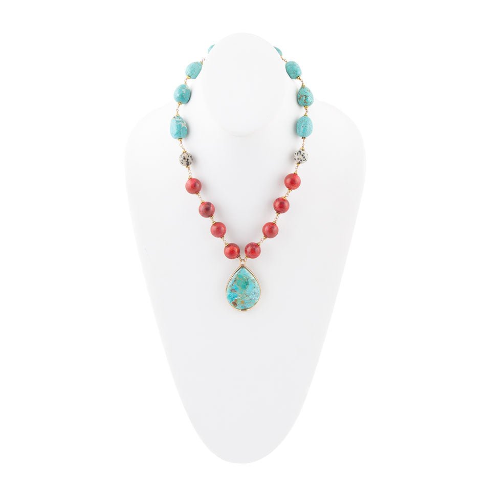 Blue and Red Turquoise Teardrop Golden Necklace | Necklaces | Wiccan Center