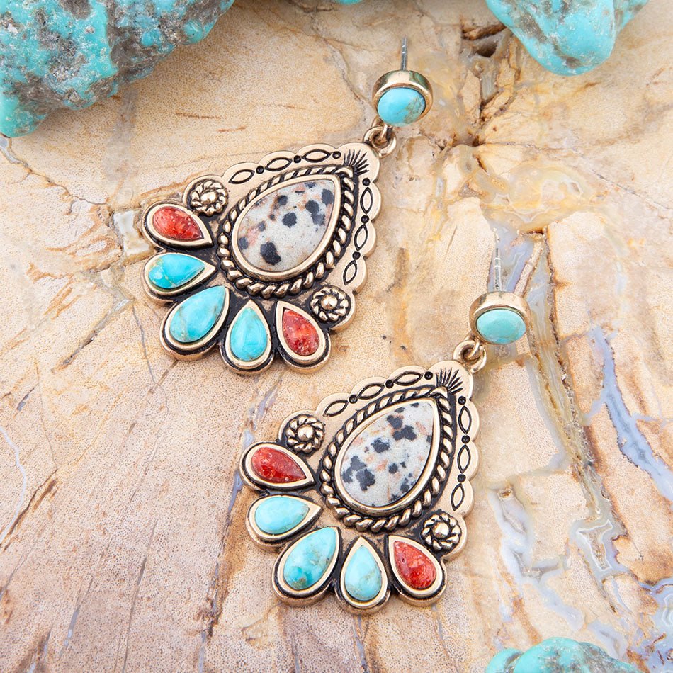 Dalmatian Jasper Colorful Golden Drop Earrings | Earrings | Wiccan Center
