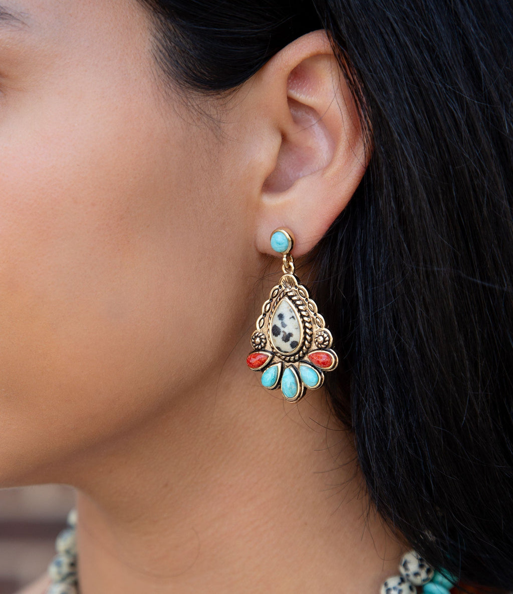 Dalmatian Jasper Colorful Golden Drop Earrings | Earrings | Wiccan Center