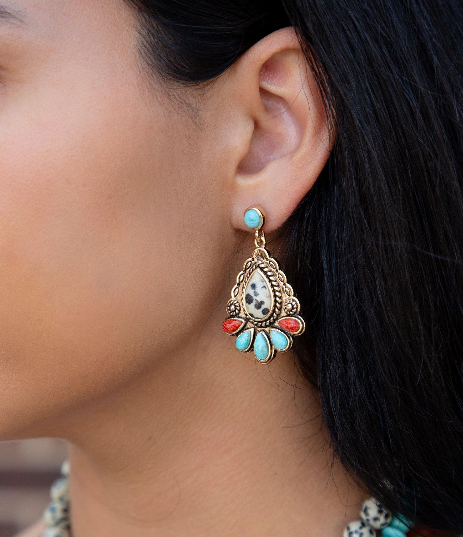Dalmatian Jasper Colorful Golden Drop Earrings | Earrings | Wiccan Center