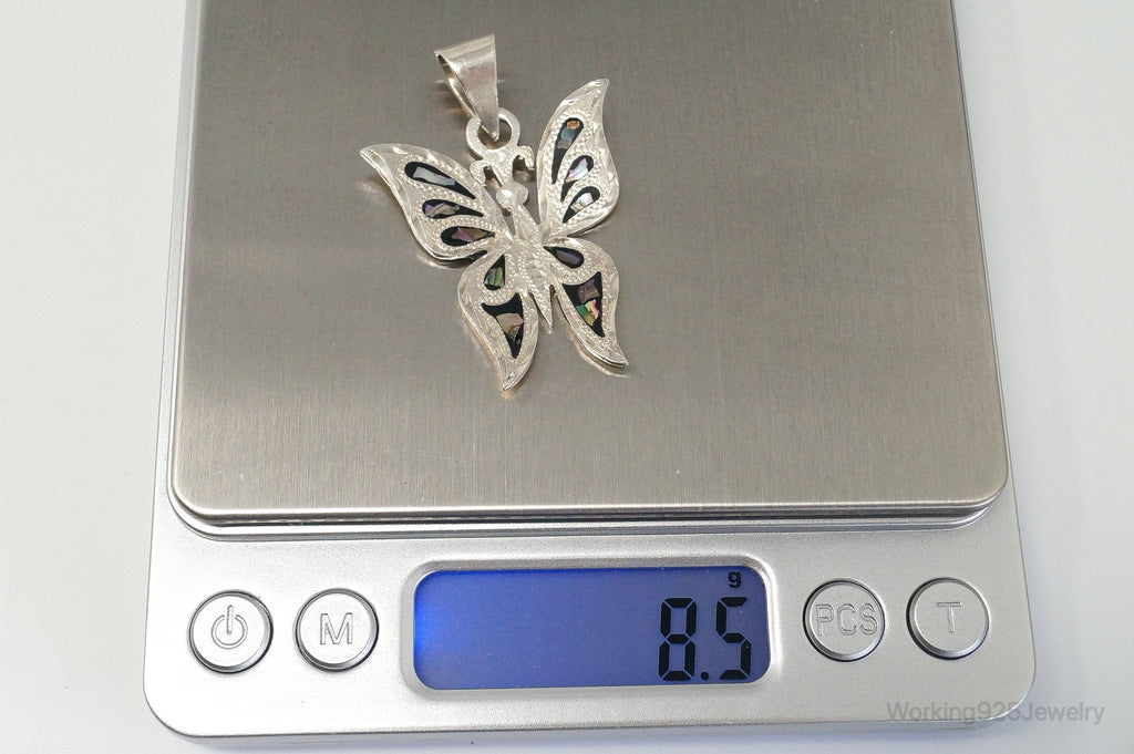 Large Vintage Mexico CC80 Abalone Etched Butterfly Sterling Silver Pendant | Jewelry > Necklaces > Pendants | Wiccan Center