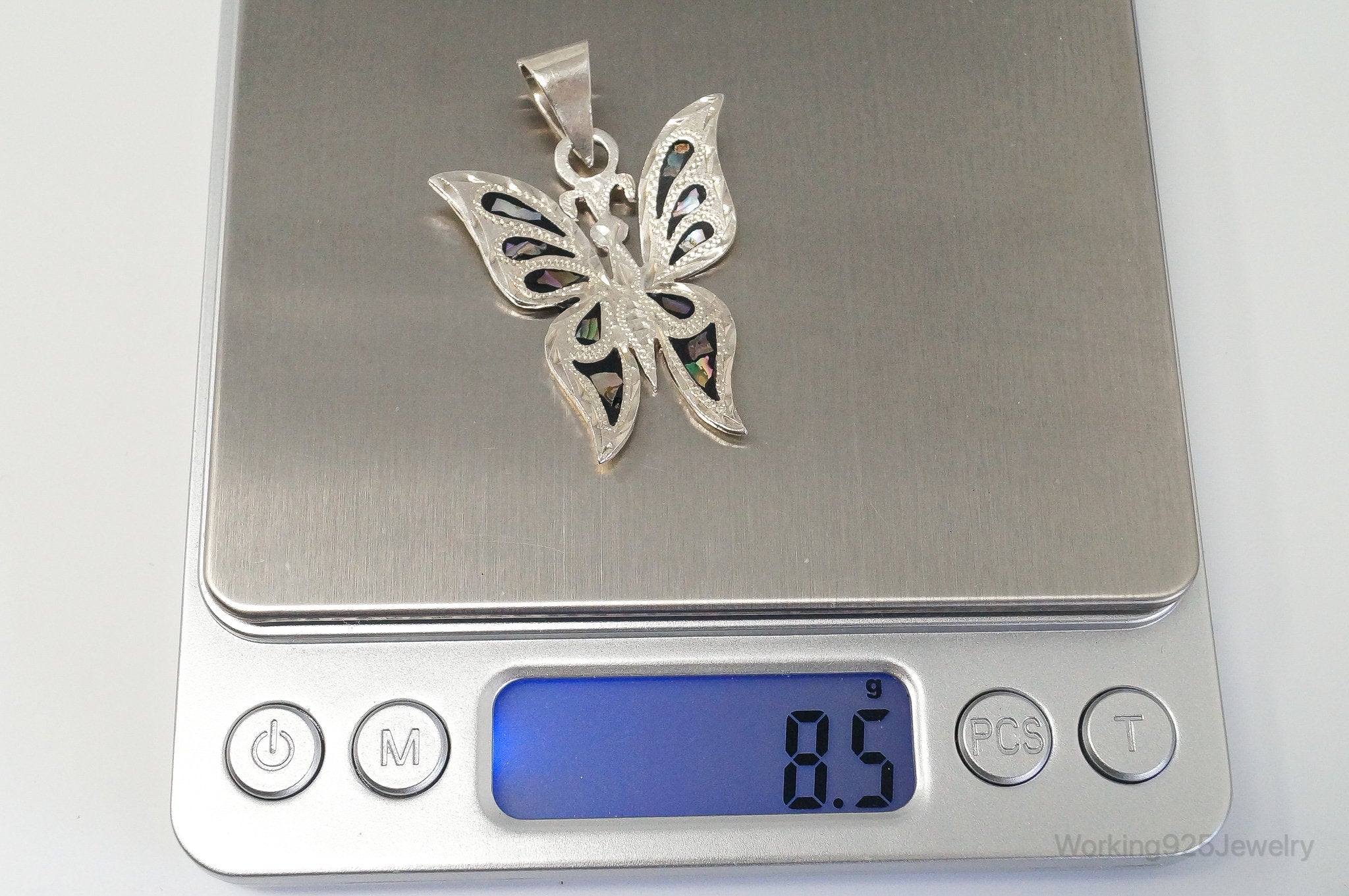 Large Vintage Mexico CC80 Abalone Etched Butterfly Sterling Silver Pendant | Jewelry > Necklaces > Pendants | Wiccan Center