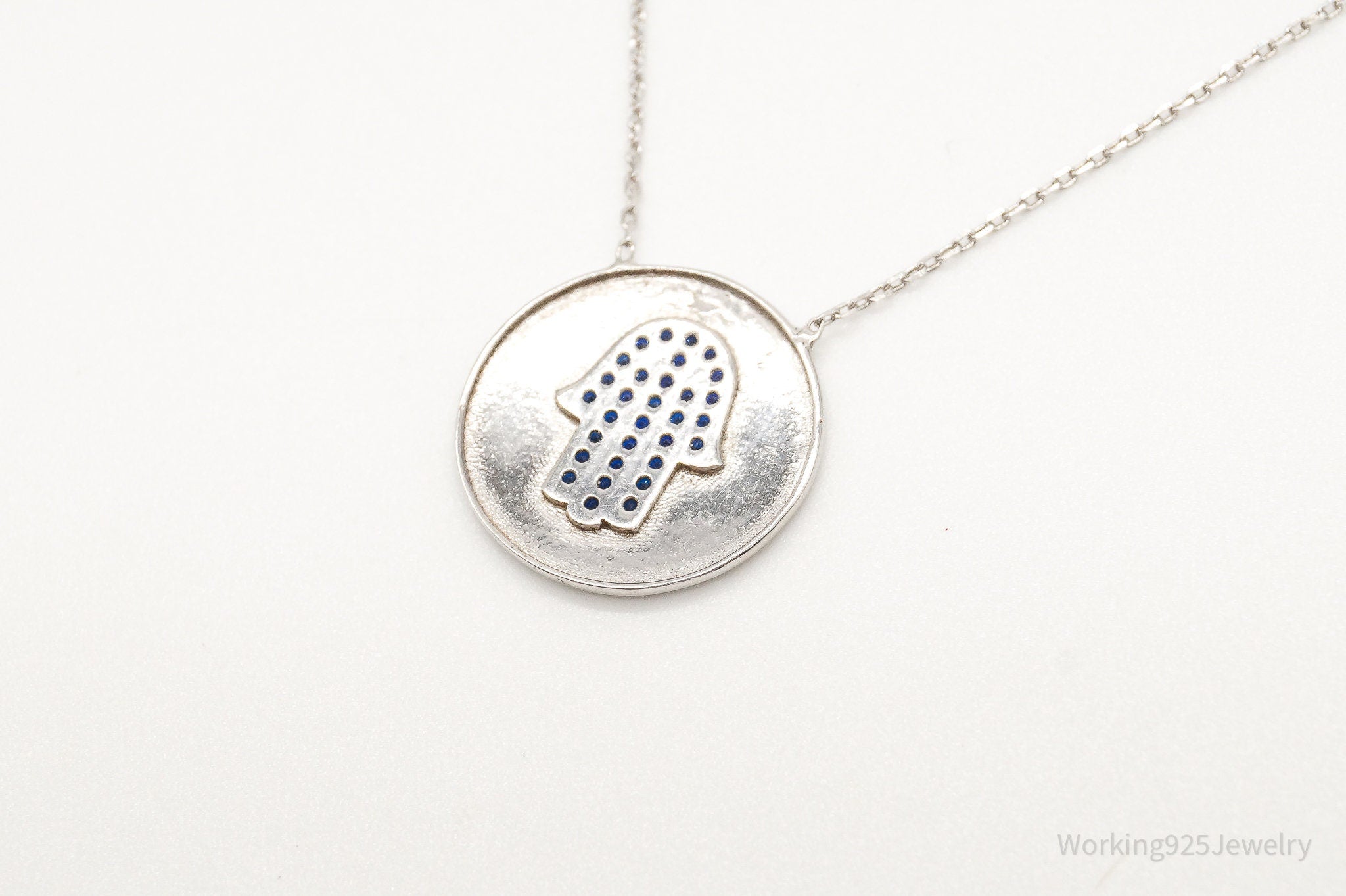 Vintage Blue Cubic Zirconia Hamsa Hand Sterling Silver Necklace | Jewelry > Necklaces > Pendants | Wiccan Center
