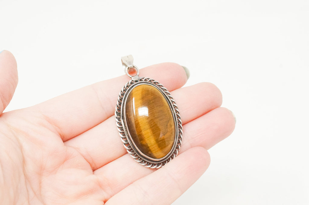 Vintage Large Southwestern Tigers Eye Sterling Silver Necklace Pendant | Jewelry > Necklaces > Pendants | Wiccan Center