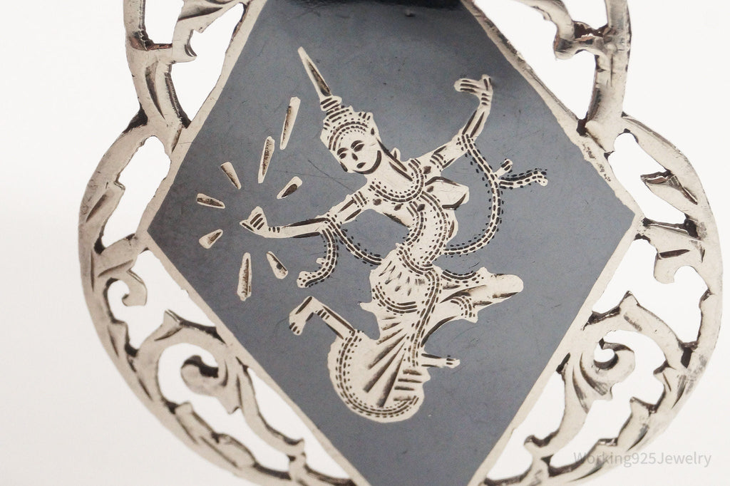 Large Vintage Siam Black Enamel Goddess Dancer Sterling Silver Pendant | Jewelry > Necklaces > Pendants | Wiccan Center