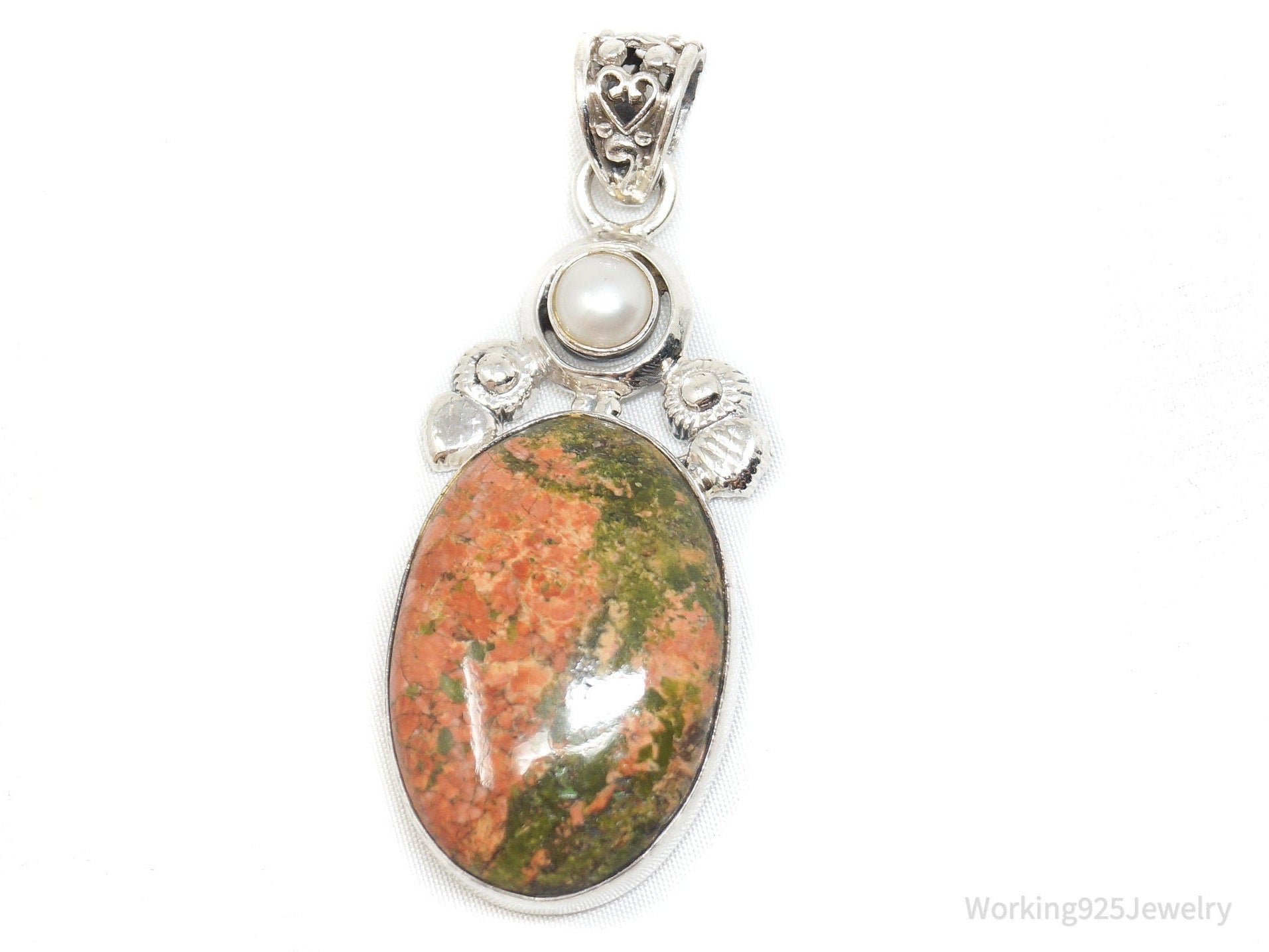 Vintage Large Green Orange Unakite Jasper Pearl Sterling Silver Necklace Pendant | Jewelry > Necklaces > Pendants | Wiccan Center
