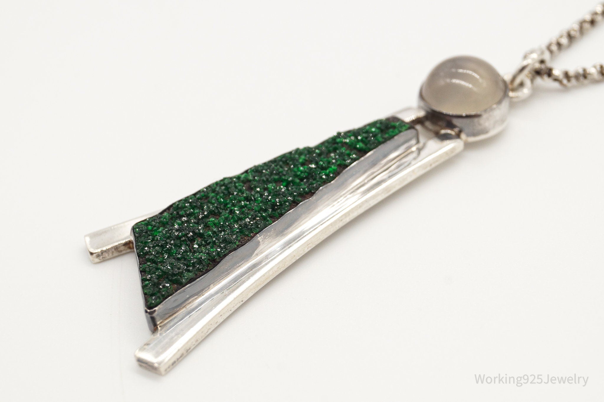 Vintage Moonstone Green Druzy Quartz Modernist Sterling Silver Necklace | Jewelry > Necklaces > Pendants | Wiccan Center