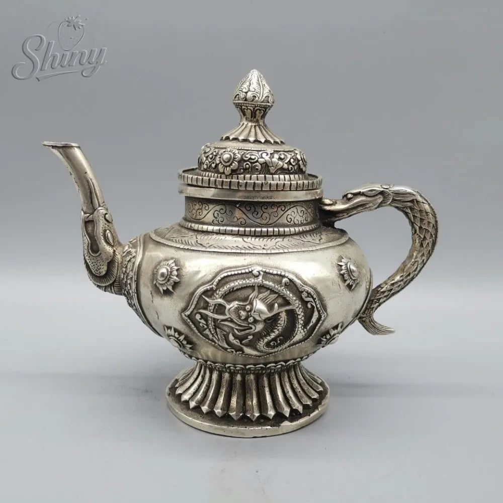 Exquisite Old Chinese Tibet Silver Hand carved Dragon Flagon / Teapot