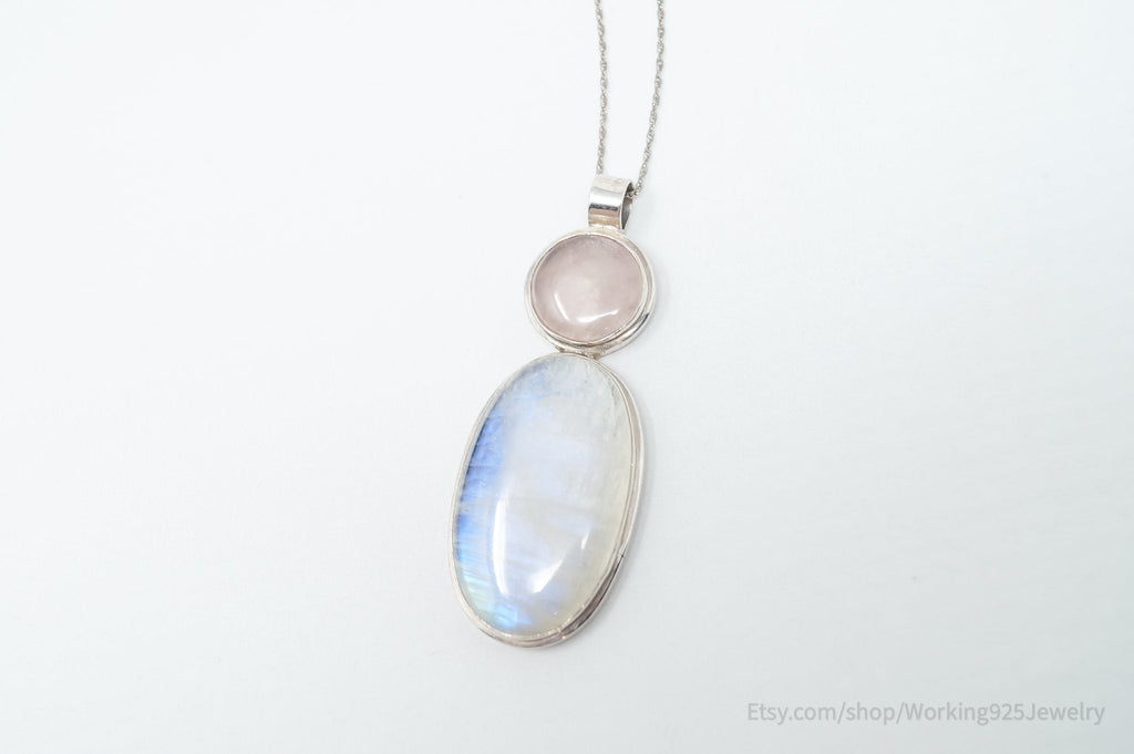 Vintage Large Moonstone Rose Quartz Sterling Silver Southwestern Necklace | Jewelry > Necklaces > Pendants | Wiccan Center
